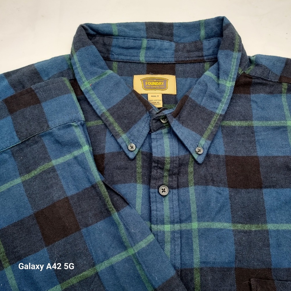 The Foundry Supply Co Mens 4XLT Flannel Shirt Blue Black Green Plaid Tall Cotton